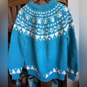Women’s Vintage Handmade Wool Sweater Turquoise Cream Sunburst Large